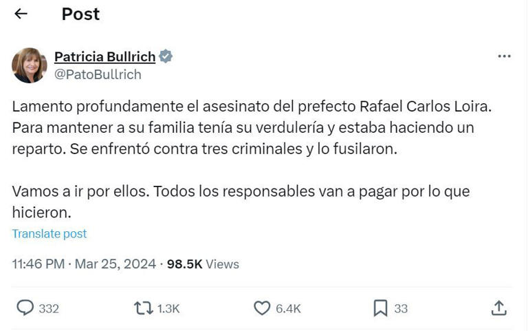 Patricia Bullrich promete acción tras el asesinato de un miembro de la Prefectura